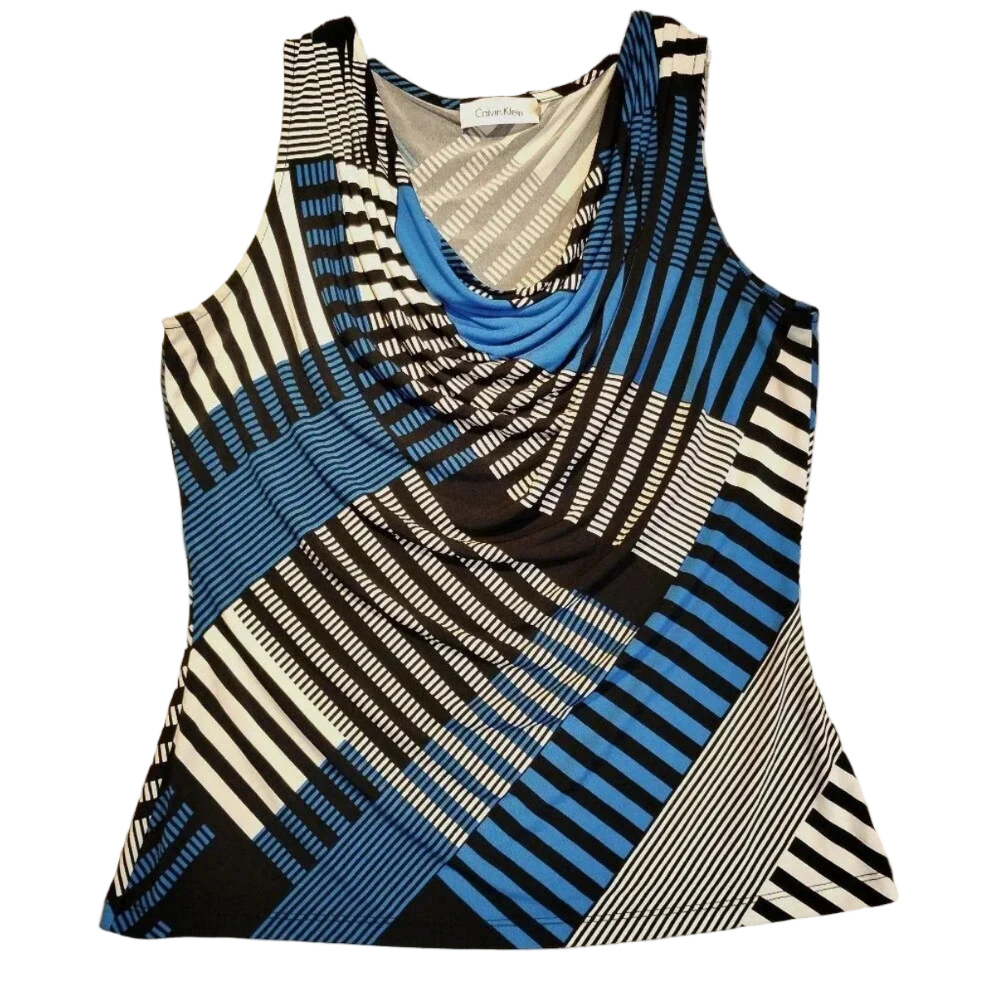 Calvin Klein Women's Sleeveless Black/Blue/White Cowl Neck Tank Top Size Small